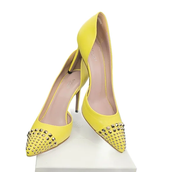 GUCCI Studded Captoe D'Orsay Pumps In Soft Yellow Leather - Picture 7 of 12